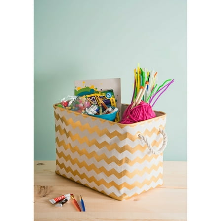 Contemporary Home Living 16" Gold and White Chevron Rectangular Bin