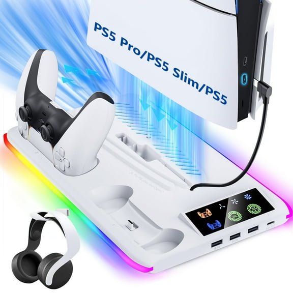 BRHE PS5/PS5 Slim/PS5 Pro Cooling & Charging Station ,PS5/ PS5 Slim/PS5 Pro Stand for Disc & Digital Console,PS5 Controller Charger,PS5 Accessories with 3 Charging Ports,Headset Holder (White)