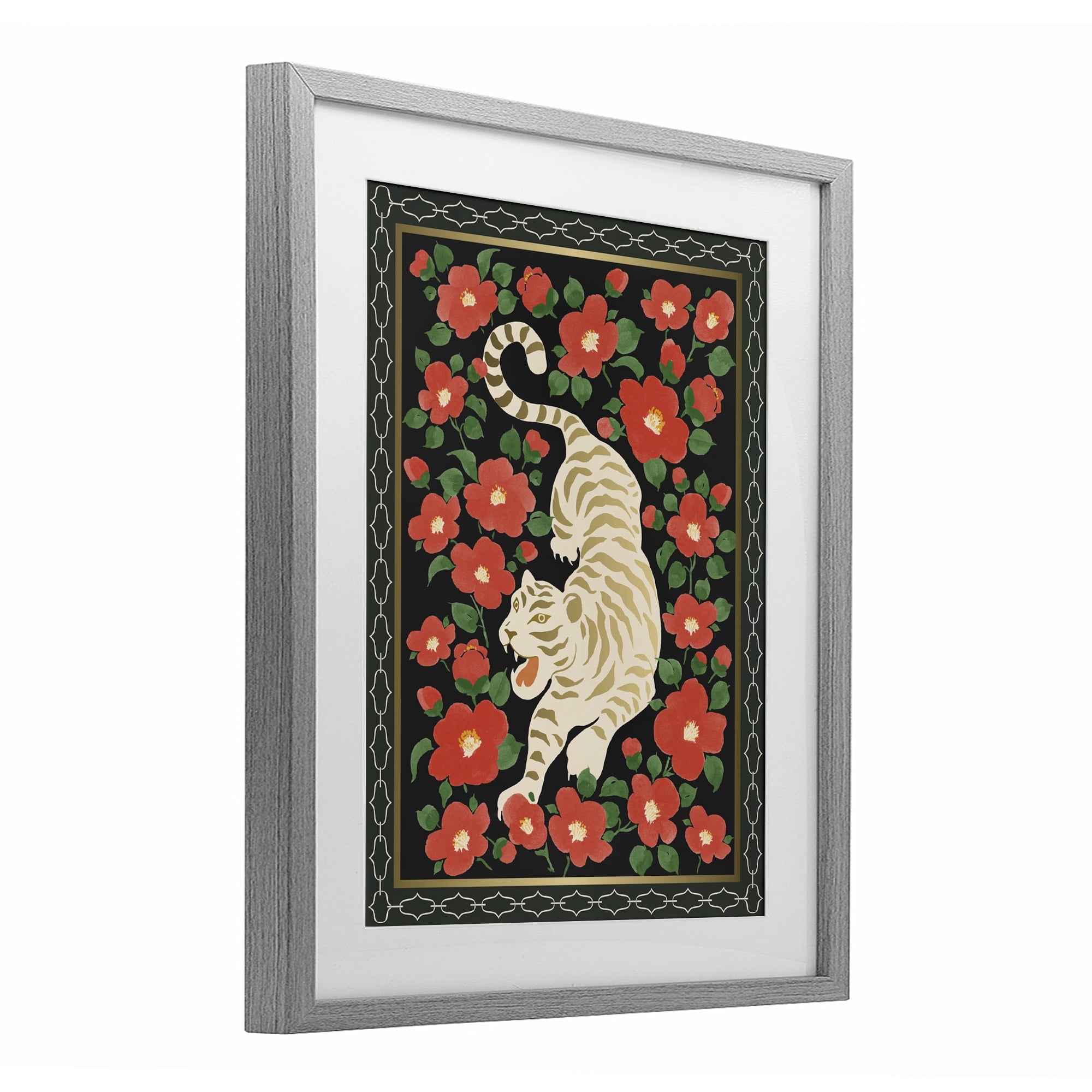 Stupell Industries Ivory Tiger Among Camelias Gray Framed Print Under Glass, design by Karolina Sato