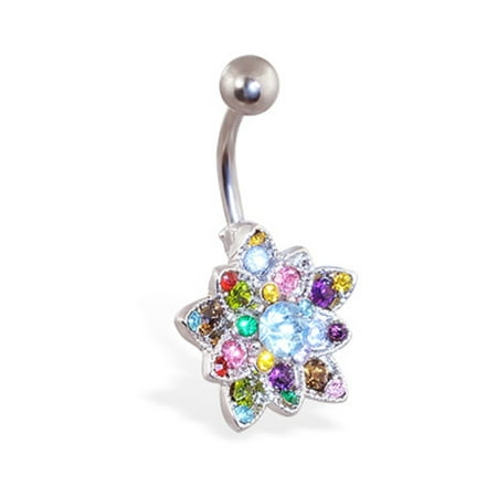 Multi Color Jeweled Flower - Small Multicolor Jeweled Flower Belly Button Ring