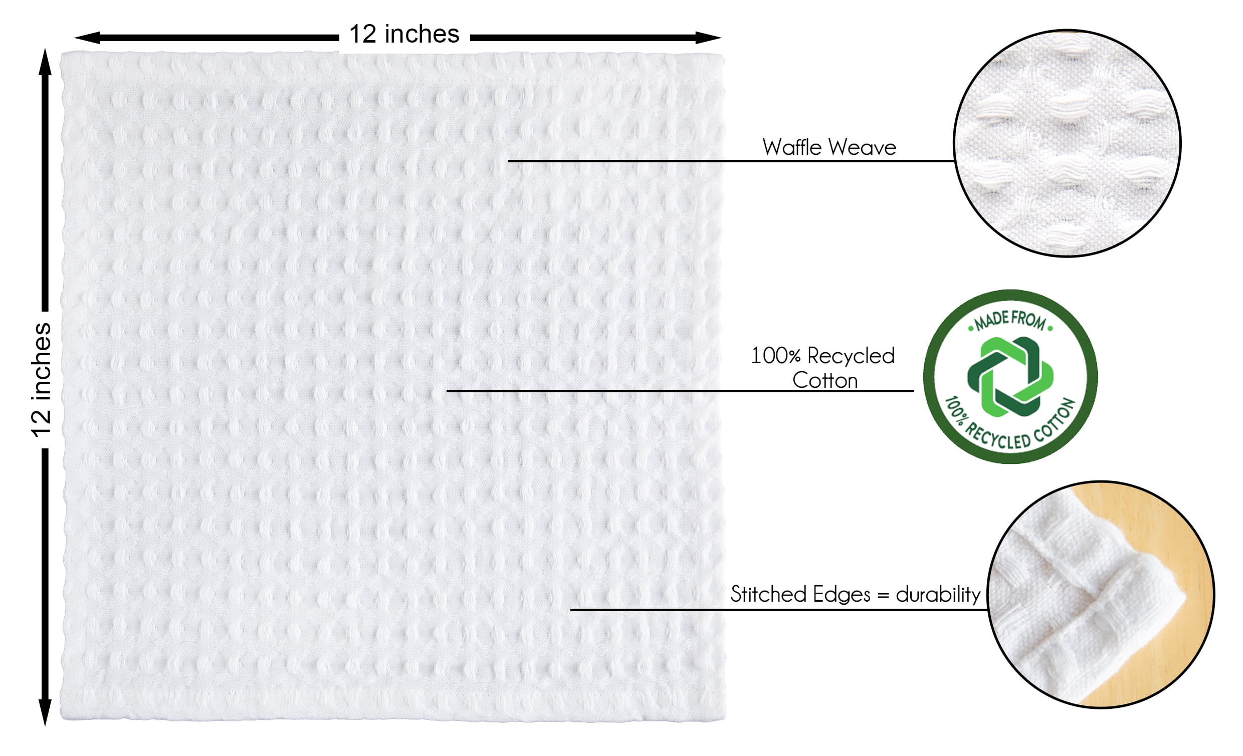 Mainstays Recycled Cotton Waffle Weave 4 Pack Dishcloths, 12 in x 12 in, White