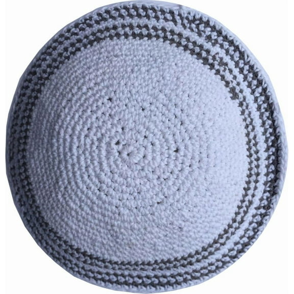Holy Land Market White/Grey Lines 17cm DMC 100% Knitted Cotton Kippah Torah Chabad Yarmulke