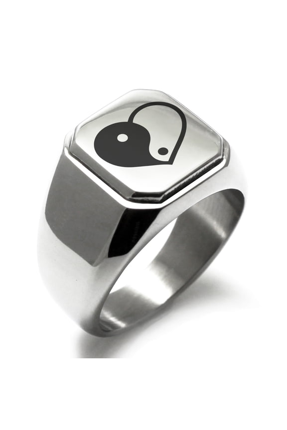 Stainless Steel Yin Yang Heart Engraved Square Flat Top Biker Style Polished Ring