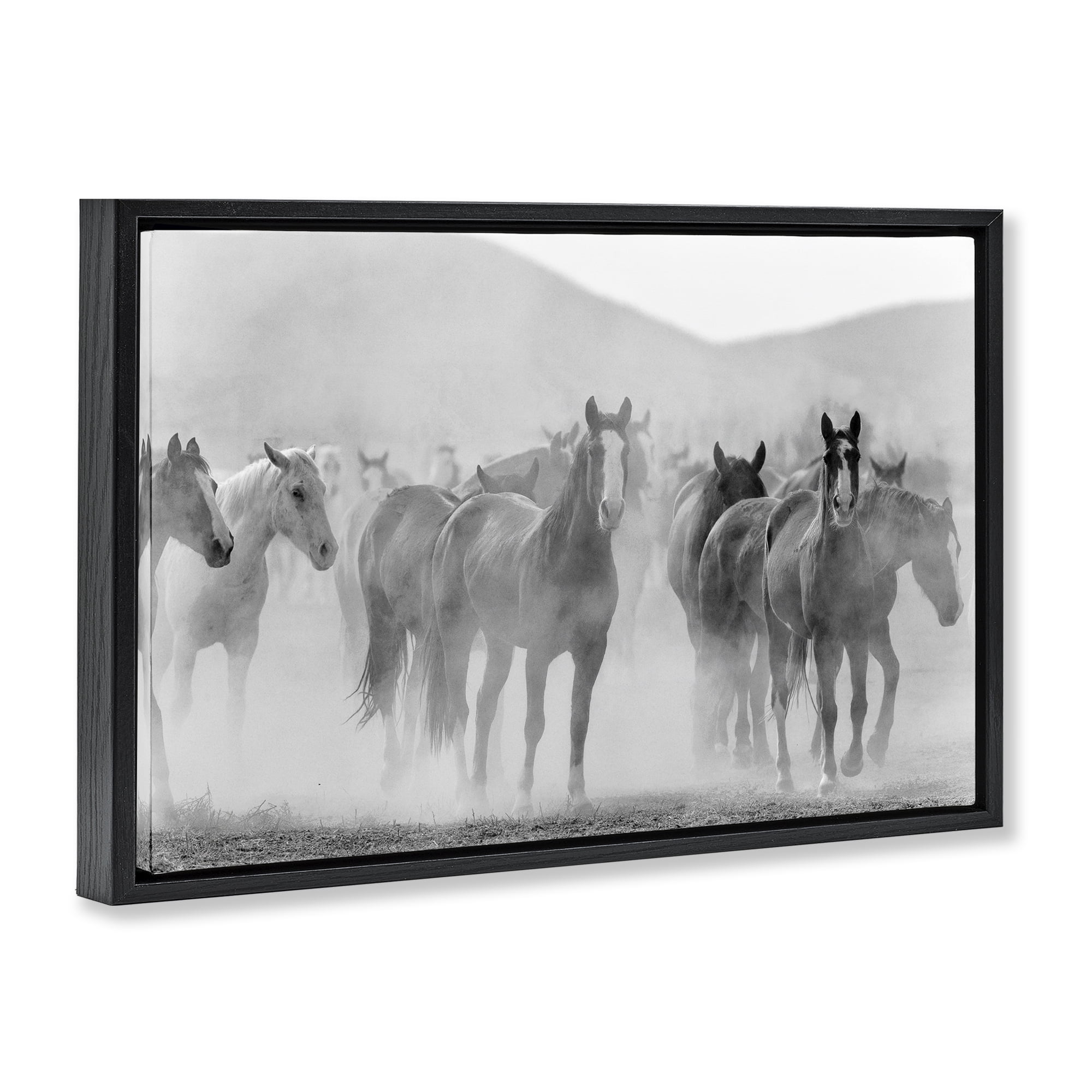 Stupell Industries Running Horse Herd Animals Painting Black Floater Framed Canvas Art Print Wall Art, 31 x 21
