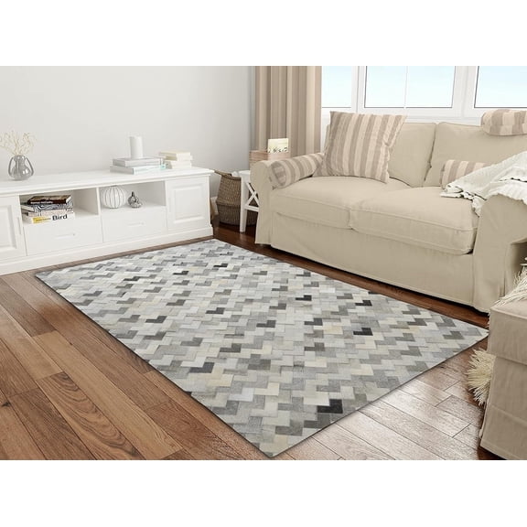 Artcore Geometric Gray Hair on Hide, Leather Hide Rugs, 3 x 5, Handmade