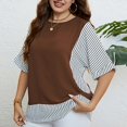 thumbnail image 3 of Top de verano para mujer Tallas grandes Cuello redondo Manga corta a rayas enrolladas Dobladillo a rayas Top 2 en 1 Marrón XL, 3 of 8