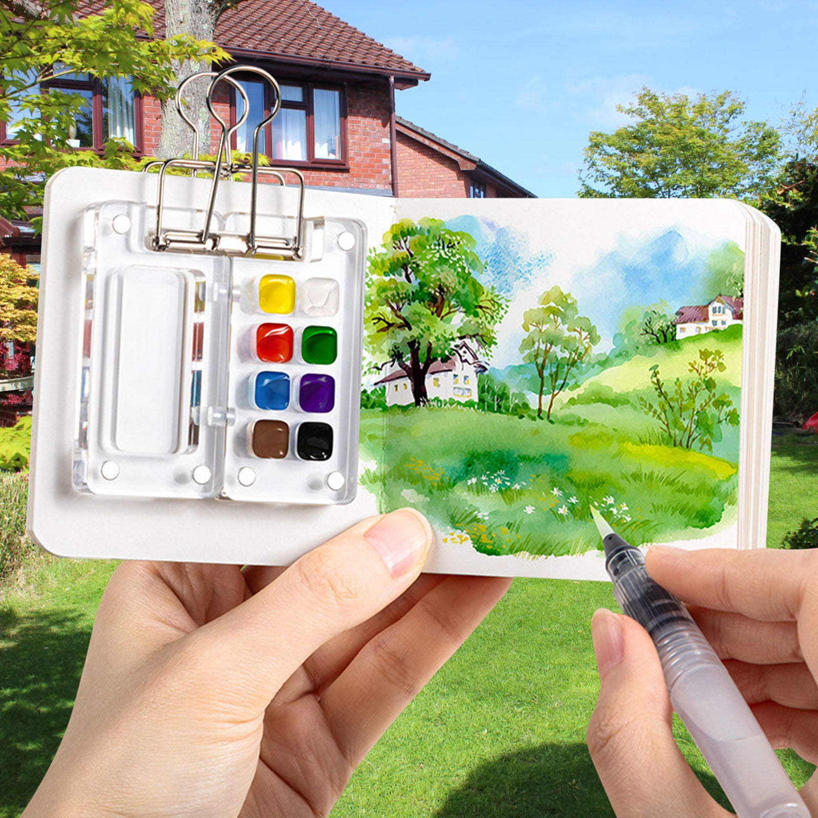 Acrylic Portable Palette with Clip, 8 Grids Portable Palette Watercolor Pocket Wooden Paint Palette Mini Travel Paint Tray Box for Watercolor, Gouache (Pigment Not Included)