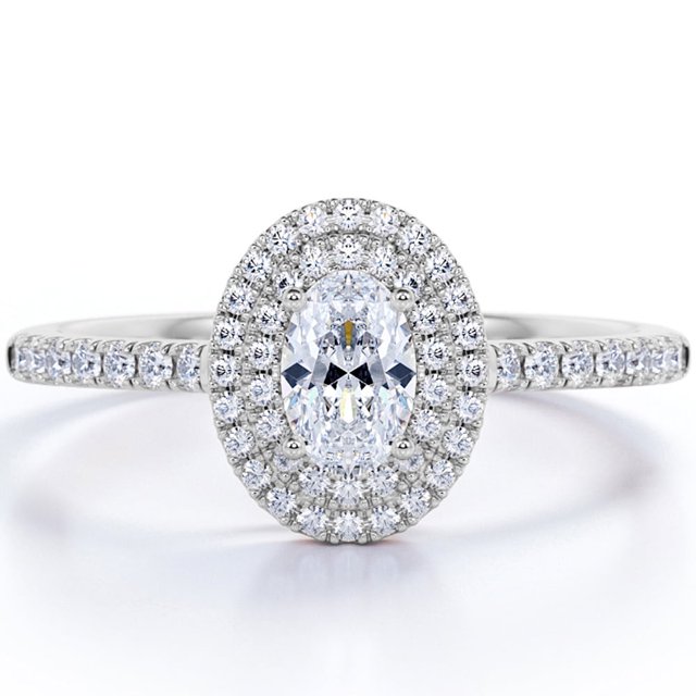 JeenMata Anillo de Compromiso con Halo Doble, Moissanita de Corte Ovalado de 1,75 Quilates, Pavé, Engaste de Cuatro Puntas, Baño de Oro Blanco de 18 K sobre Plata