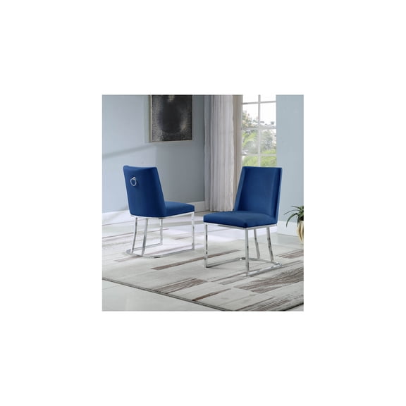 Double Minimalistic Navy Blue Velvet Side Chairs with Chrome Legs