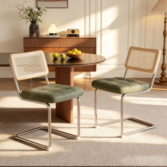SmartMellow Dining Chairs Set of 2, Green Faux Leather with Rattan Back and Chrome Cantilever Frame, 300 lbs Capacity for Dining Room