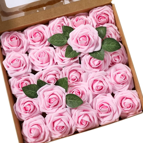 50pcs Light Pink Artificial Flower Foam Rose Real Looking Fake Rose with Stems Leaves for Home Decoration Party Garden Centerpieces DIY Wedding Bouquets Floral Arrangement Baby Shower Decor