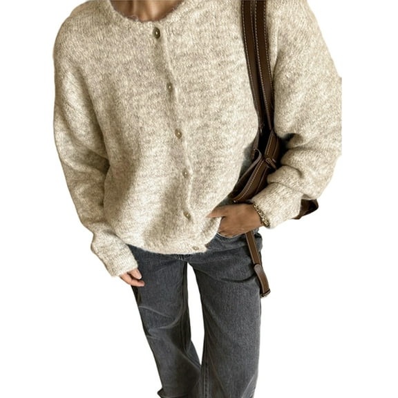 Womens Button Up Cardigan Sweaters Long Sleeve Crew Neck Fall Soft Knit Loose Sweater Tops Khaki L