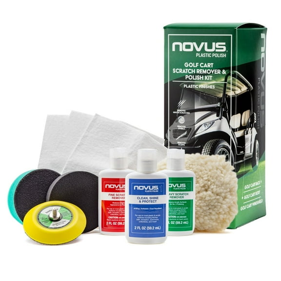Novus Plastic Polish | Golf Cart Maintenance Kit | Includes NOVUS Plastic Polish #3#2#1-2 Ounces Each, 2 Buffing Pads, Backing Drill Attachment, 3" Wool Pad, 3 Disposable Wipes