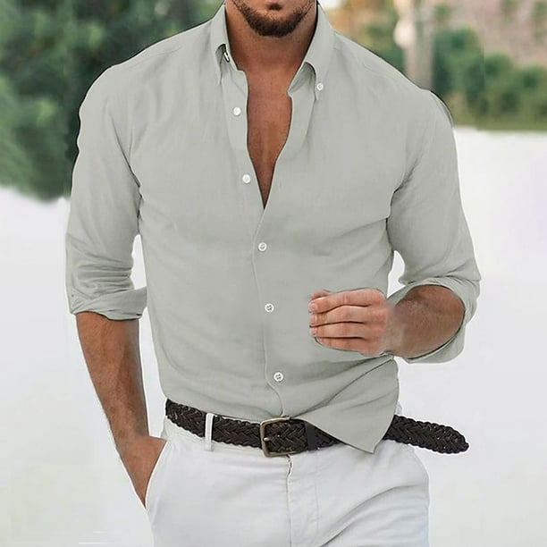pstuiky Camisas de invierno de manga larga para hombre, Camisa de lino de manga larga con botones y botones de color liso para hombre camisetas de hombre m