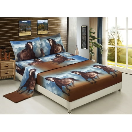 3D Bed Sheet Set Queen -4 Piece 3D Running Texas Wild Horse Printed Sheet Set Queen Size (D06) - Soft, Breathable, Hypoallergenic, Fade Resistant -Includes 1 Flat Sheet,1 Fitted Sheet,2