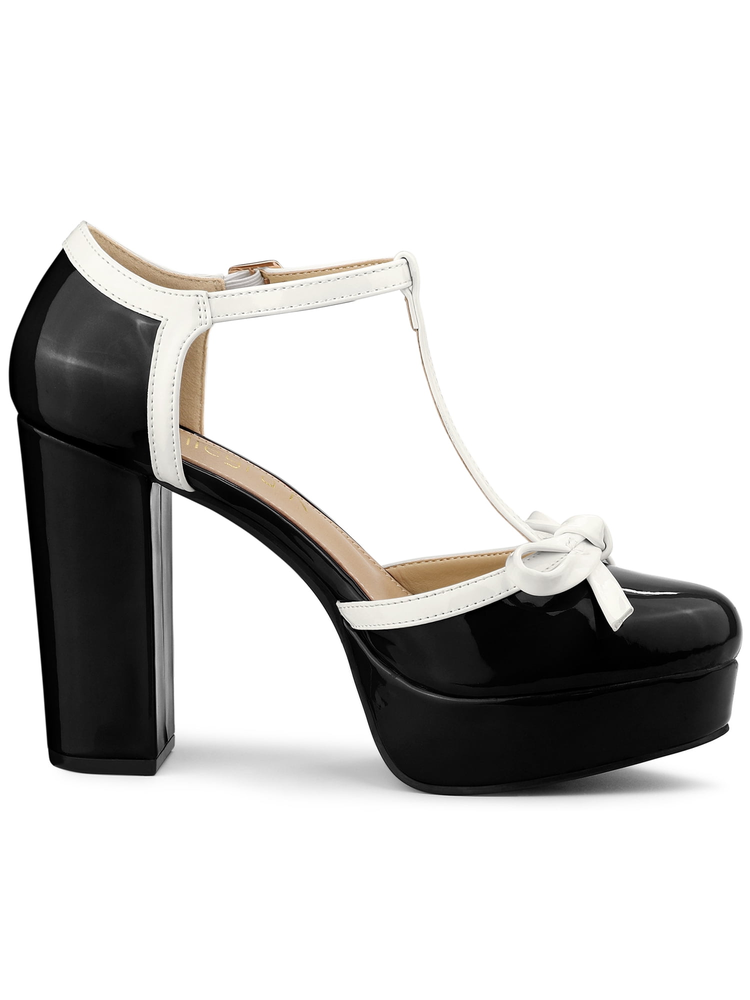 DARING DIVA Women's Platform Bow T Strap Chunky Heels Pumps Black 6
