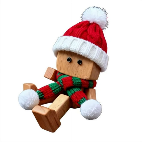 Funny Christmas Wooden Man Figurine with 12 Magne-tic Expressions, Shaking Wooden Man Figurine with Wool Santa Hat & Scarf for Car Vent, Perfect Xmas Gift for Car Lovers & Home Decoration, 1PC