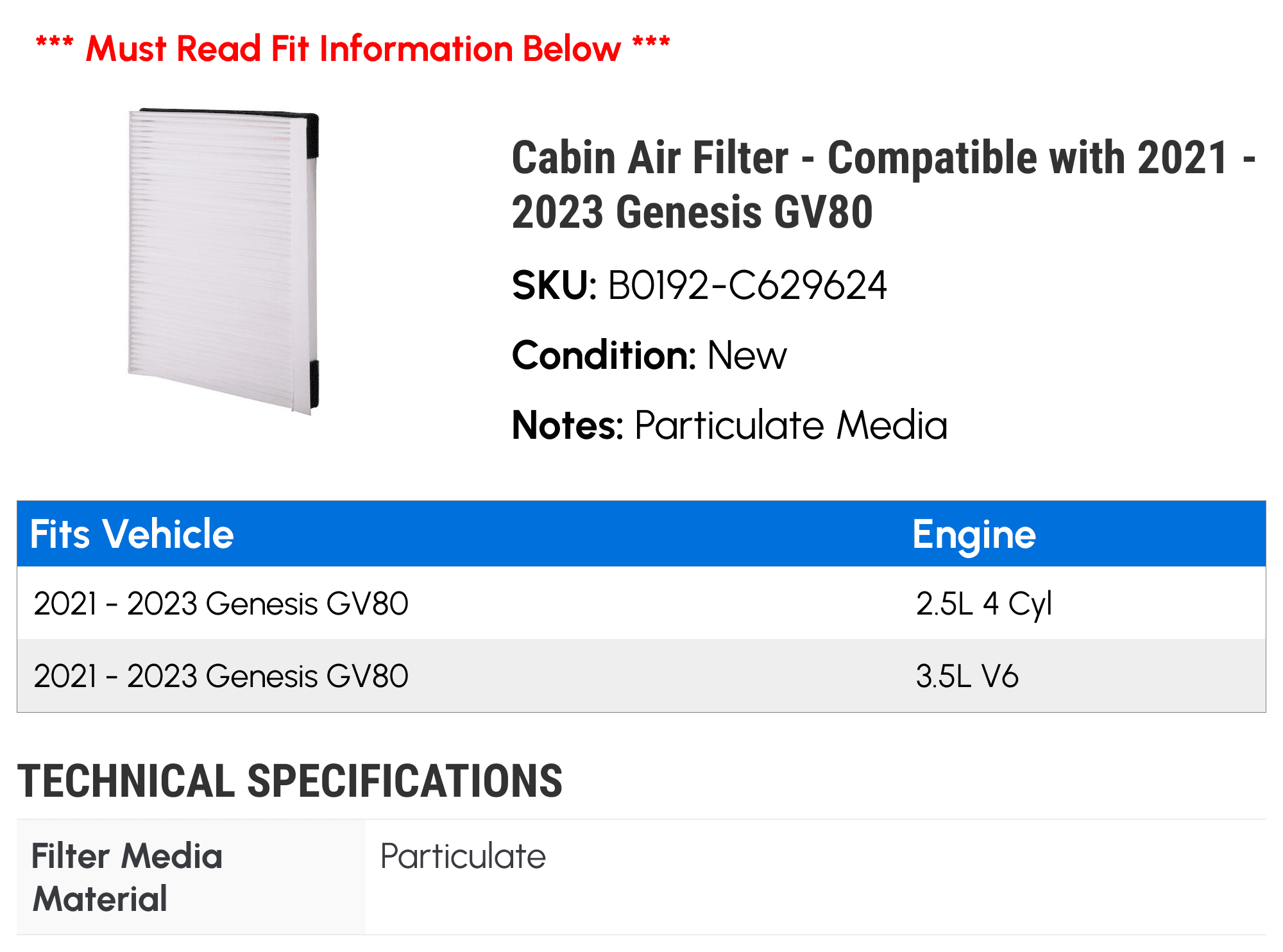 Cabin Air Filter - Compatible with 2021 - 2023 Genesis GV80 2022