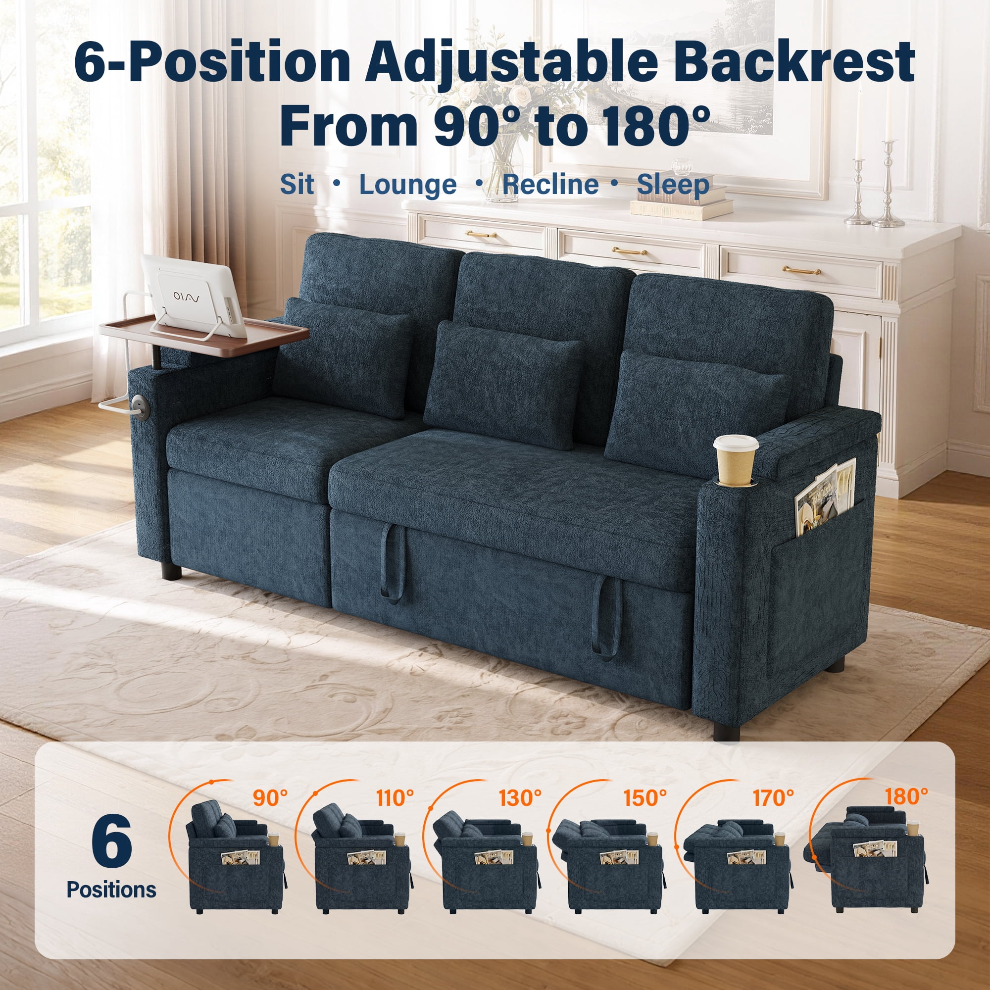 Aukfa 81" Convertible Sleeper Sofa,Chenille 3-in-1 Sofa Bed with Recliner,Center Table,USB Ports & Storage Armrests,Blue