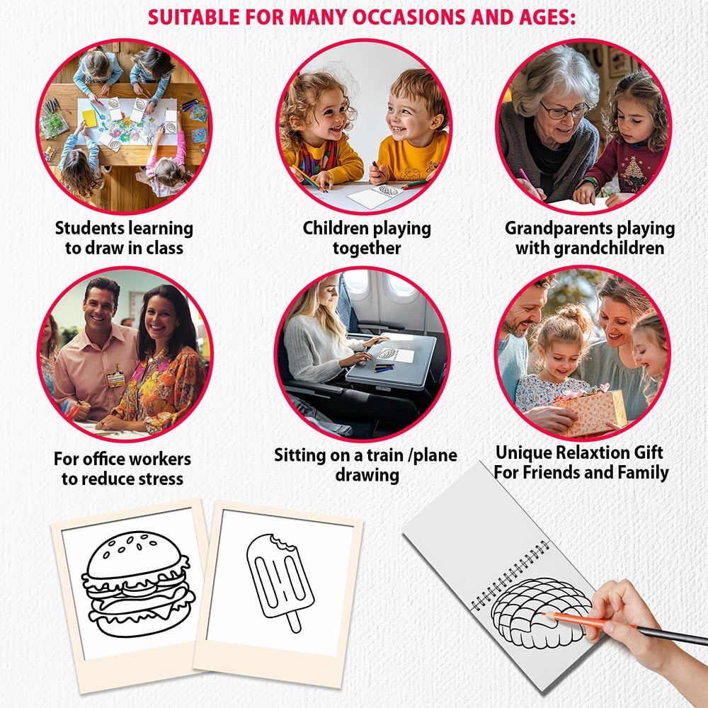 Food Mini Coloring Book Spiral Bound for Adult, Pack 6, 3.5” x 3.5” Pocket Size, 40 Coloring Pages Stress & Anxiety Relief, Travel for Women Men