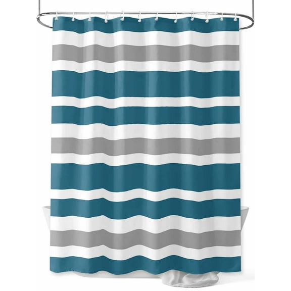 Shower Curtain Blue, White and Grey Stripes Bathroom Curtains with Hooks, Waterproof Fabric Striped Pattern Bath Shower Curtains Set for Bathroom Bathtubs Decor 36x72 Inch