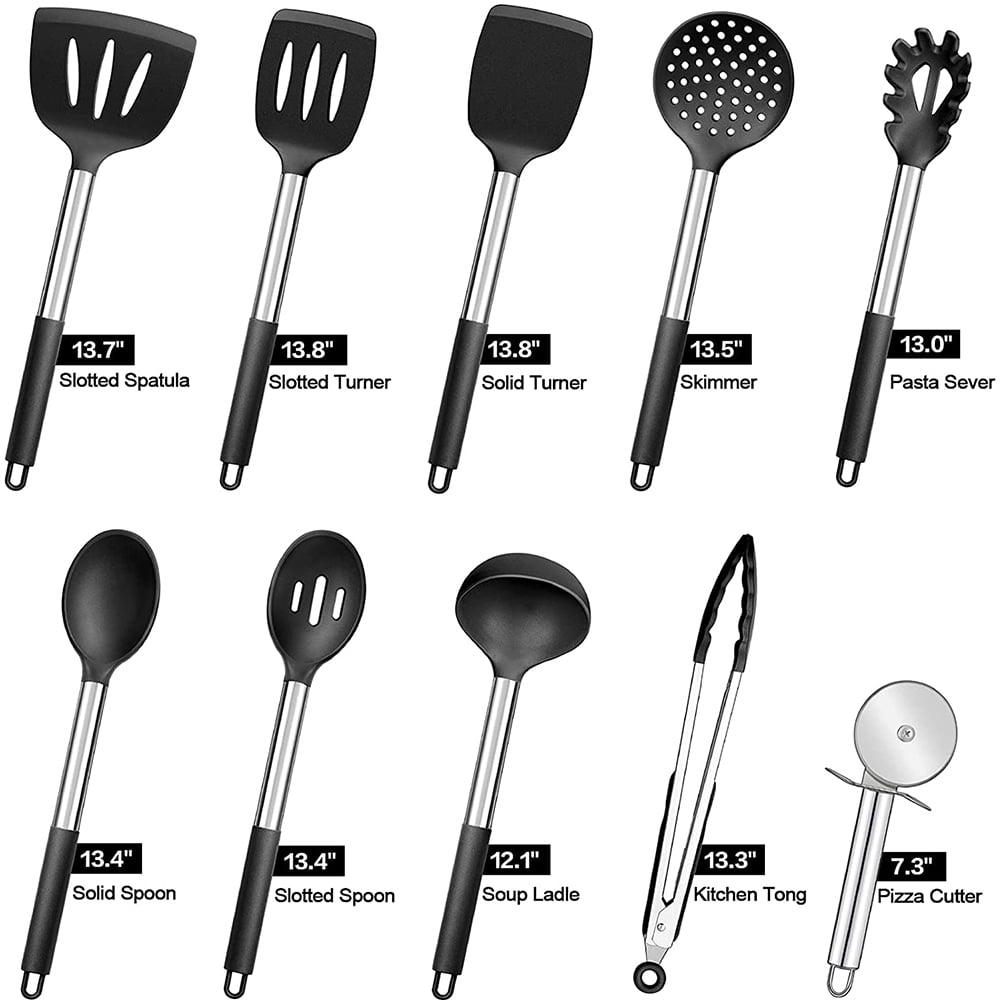 Complete Kitchen Utensil Set With Holder - Includes Cooking Turner, Spatula,  Soup Spoon, Colander Spoon, Whisk, Pasta Spoon, Grater, Pizza Cutter,  Measuring Spoon, Tongs, Oil Brush, Cooking Pinch, Cream Spetula, Pastry  Scraper 