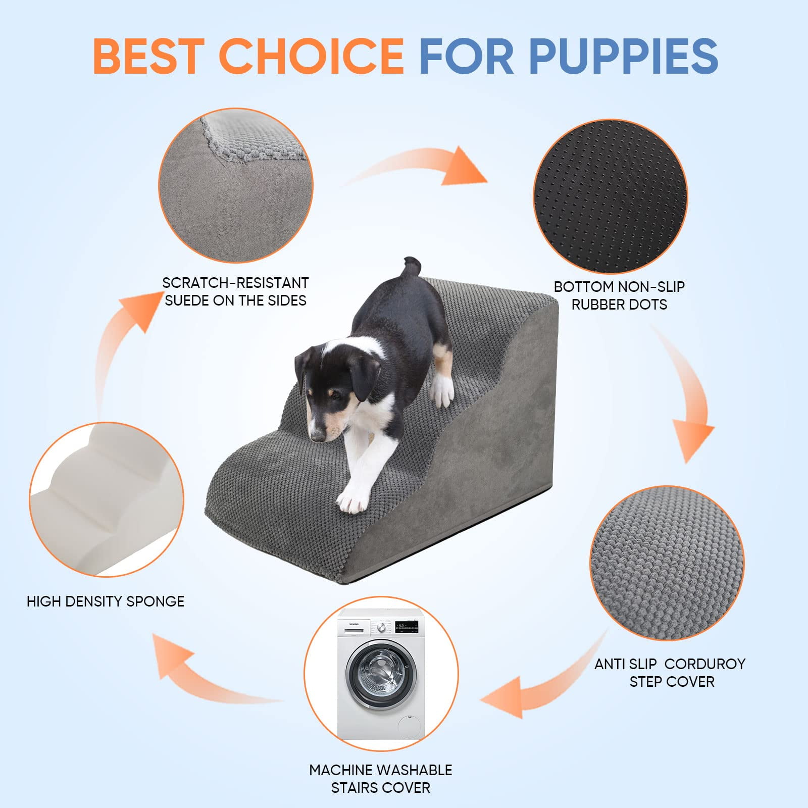 Kadyn 23" Dog Stairs for Small Pets with High-Density Sponge and Silicone Paw Prints, 3-Step Dog Ramp for Beds and Couch, Gray