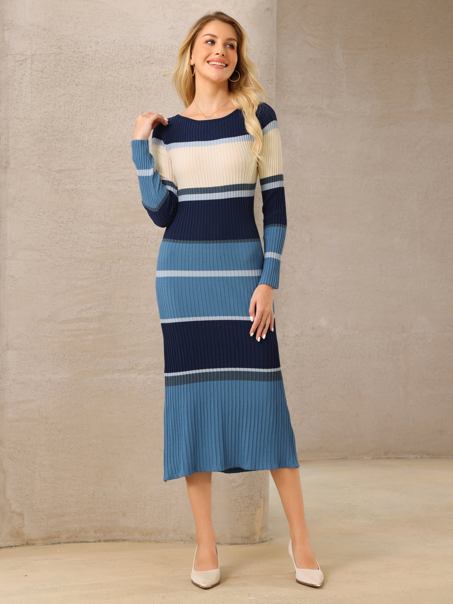 DARING DIVA Women's Striped Long Sleeve Ribbed Knit Bodycon Dress S Grey Blue