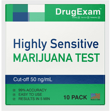 10 Pack - DrugExam Made in USA Highly Sensitive Marijuana THC Testing Drug Test Strip Kit - Marijuana Drug Test with 50 ng/mL Cutoff Level for Detecting Any Form of THC in Urine up to 35 Days.