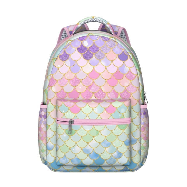 Geometric School Backpack Abstract Watercolor Boho Design with Rainbow Gradient and Starry Night Ocean Beach Scenery for Students