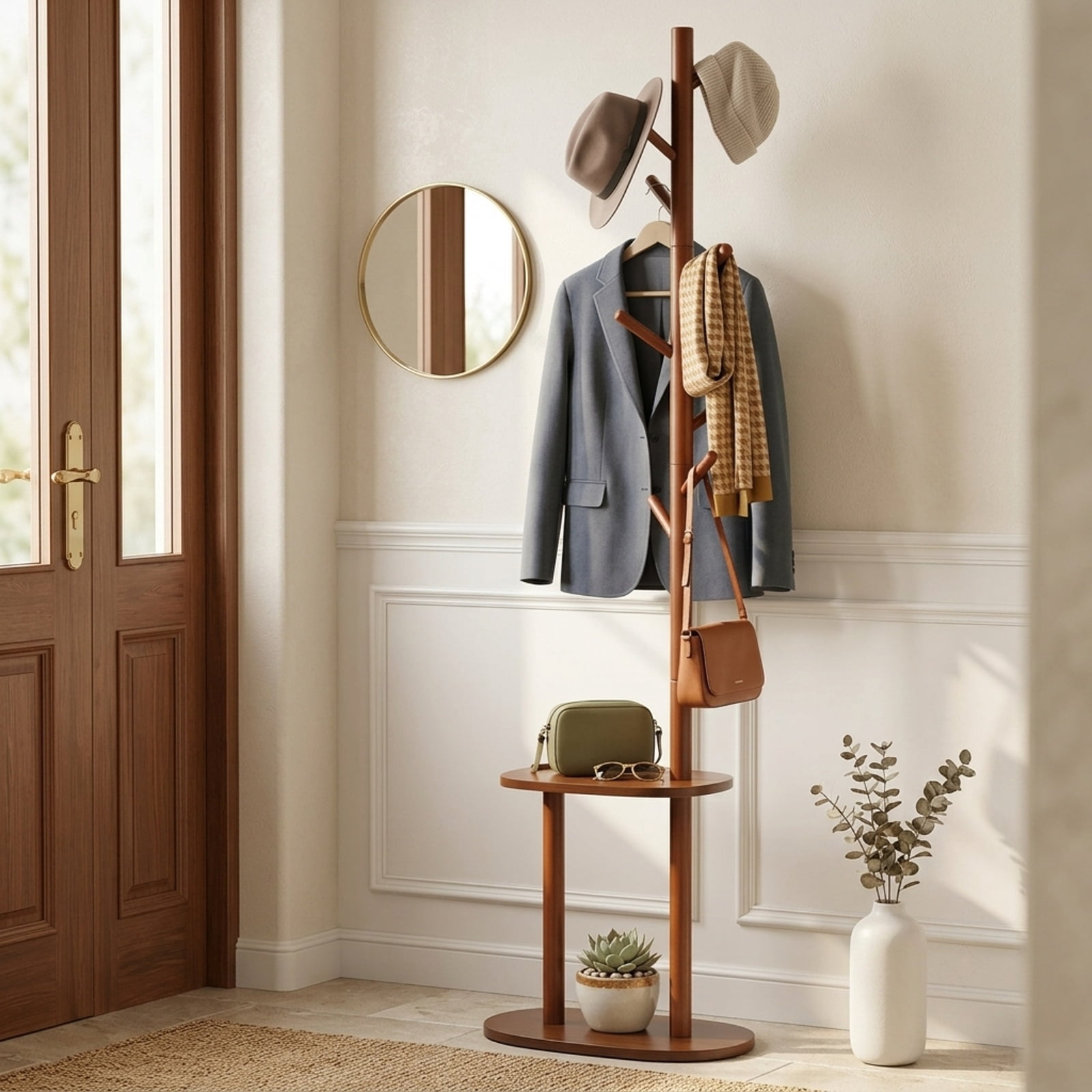 Furnibear 70 Inch Freestanding Coat and Hat Rack Stand with 8 Rubber Wood Hooks and 2 Storage Shelves for Entryway Bedroom Living Room, Walnut