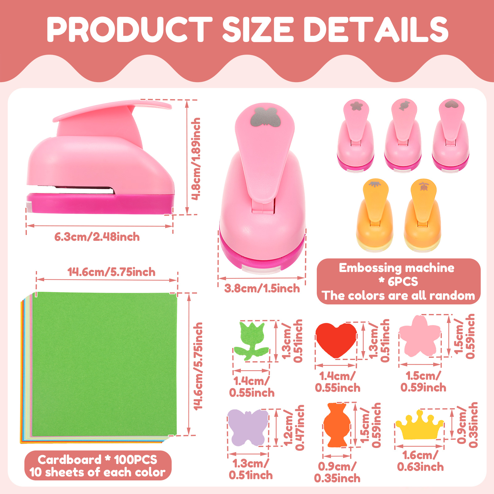 6Pcs Craft Hole Punch with 100 Cardstock Butterfly/Heart/Rose/Candy/Cherry Blossom/Crown Shape Paper Hole Shape Puncher Tool for DIY Craft