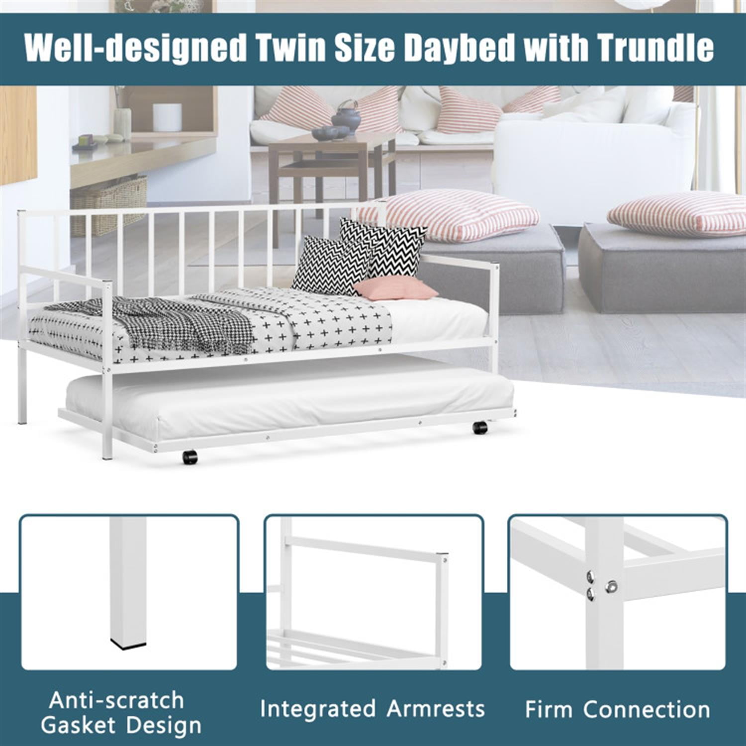 Demi Bonn Twin Size Daybed and Trundle Frame Set Trundle Bedframe, Modern Bed Frame for Teens, Steel