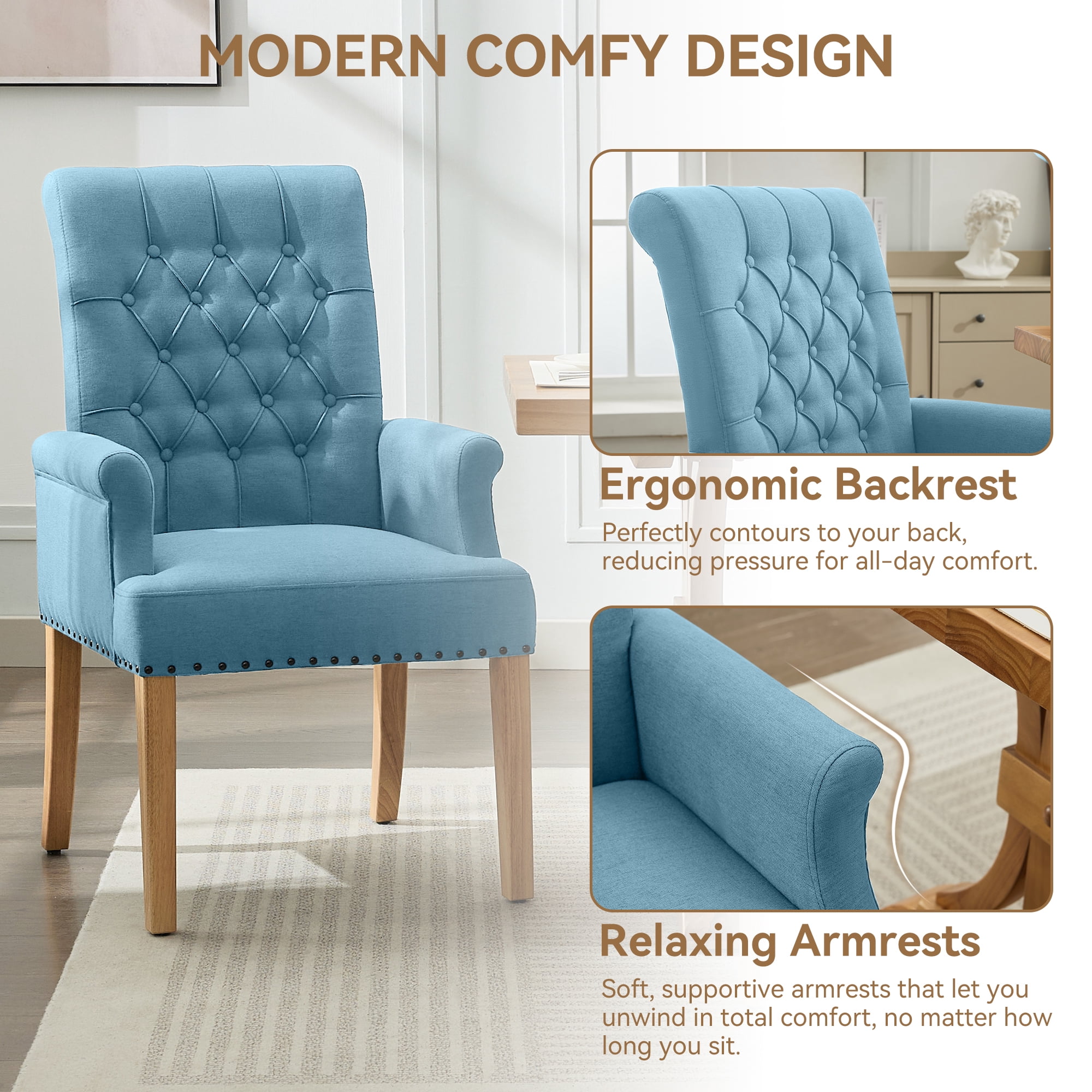 Fabric Upholstered Dining Chair with Arms, Tufted High Back Accent Coffee Armchair for Kitchen Dining Room Living Room, Blue