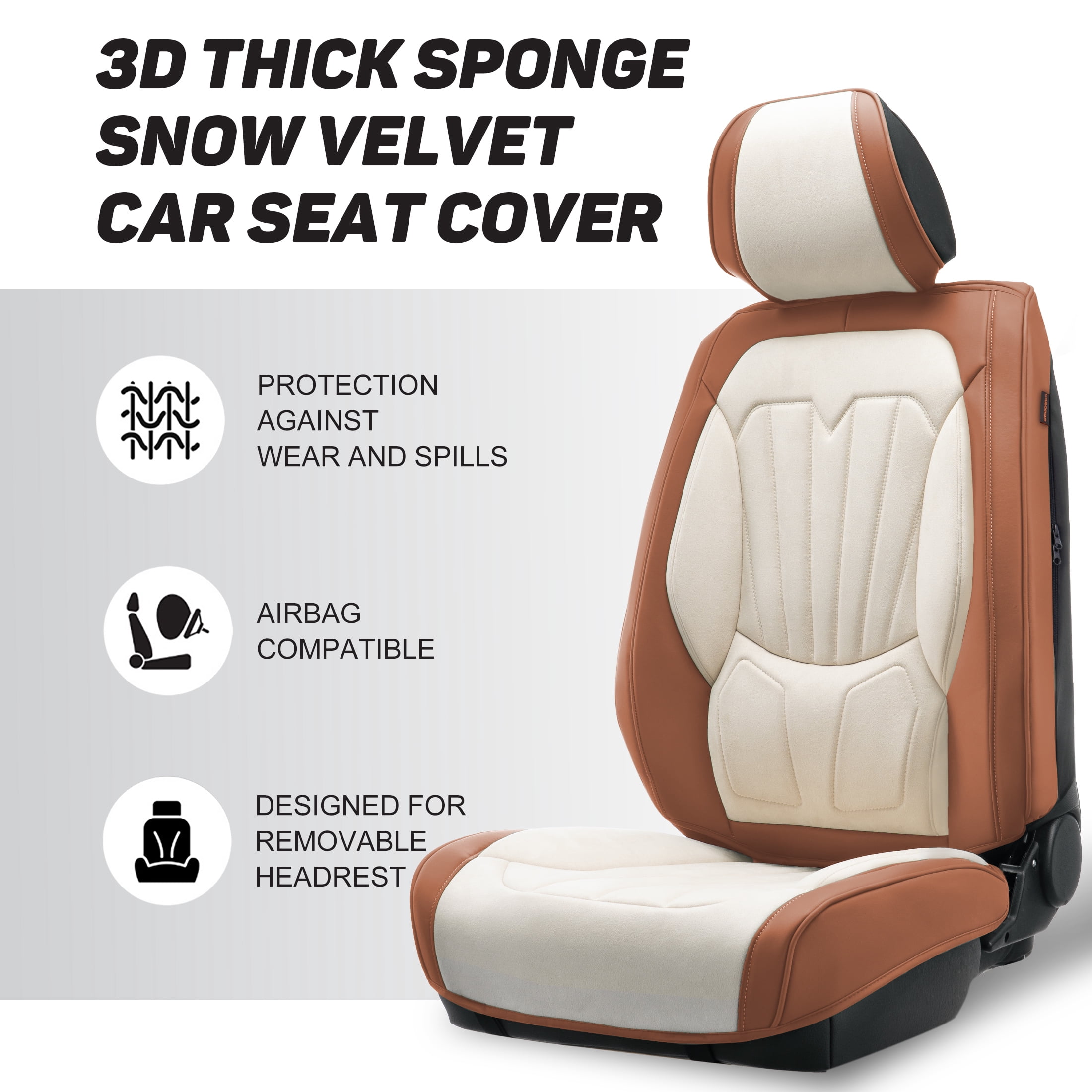 Caromop Universal Car Seat Covers Full Set,3D Foam Support in Velvet & PU Leather,Armrest Compatible for Cars, Trucks, SUVs (Beige/Brown)