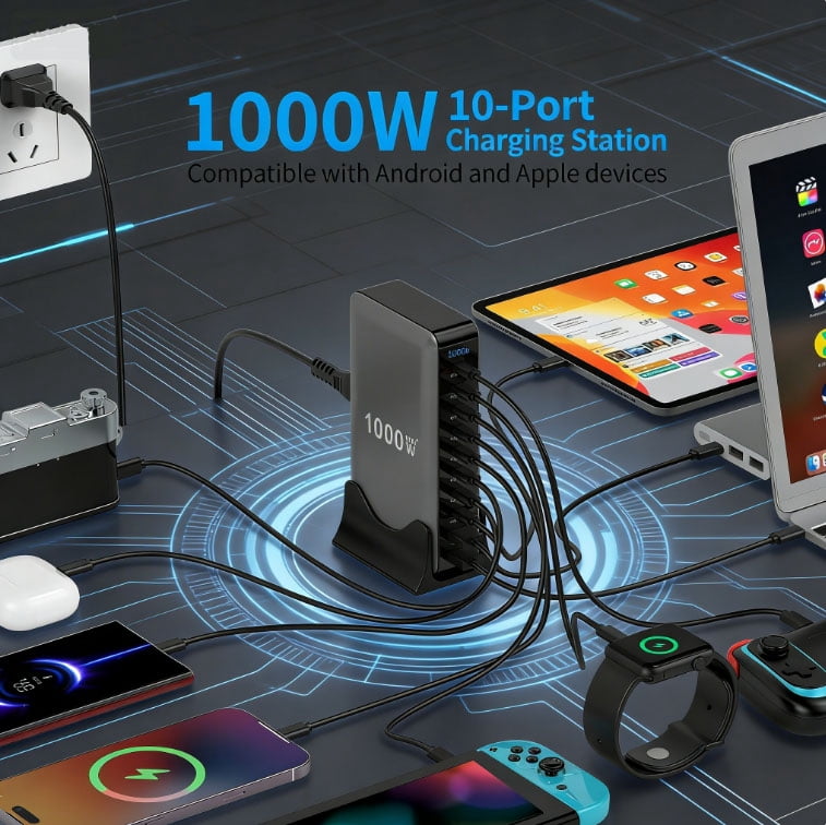 BALoFI 1000W USB-C Charging Station, 10-Port GaN IV Fast Charging Power Adapter, 140W PD Desktop & Travel Charging Hub, Multi-Device Charger, Compatible with MacBook Pro/Air, Dell, iPhone, Steam Deck