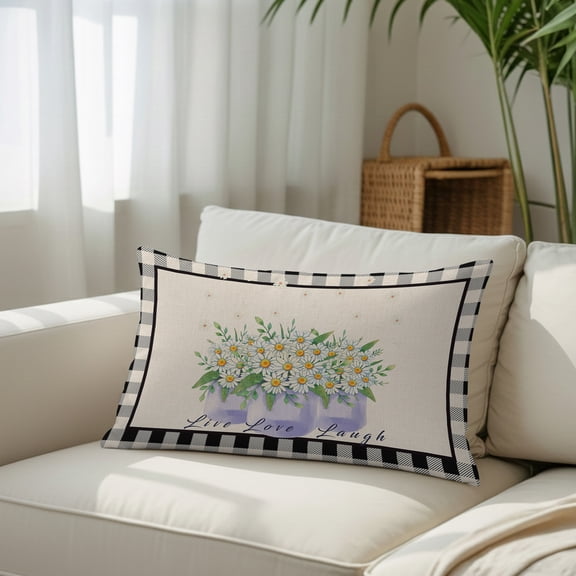 Daisy Flower on Vintage Linen Black Plaid Throw Pillow Covers, Decorative Pillow Covers With Hidden Zipper Soft Brushed Microfiber Fabric, Pastoral Blossom Pillowcases for Couch Bed 20x26in