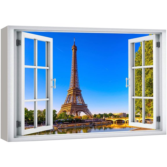 wall26 Canvas Print Wall Art Window View Parisian Eiffel Tower Paris Vacation Wilderness Nature Photography Realism Scenic Landscape Colorful Multicolor for Living Room, Bedroom, Office - 24"x36
