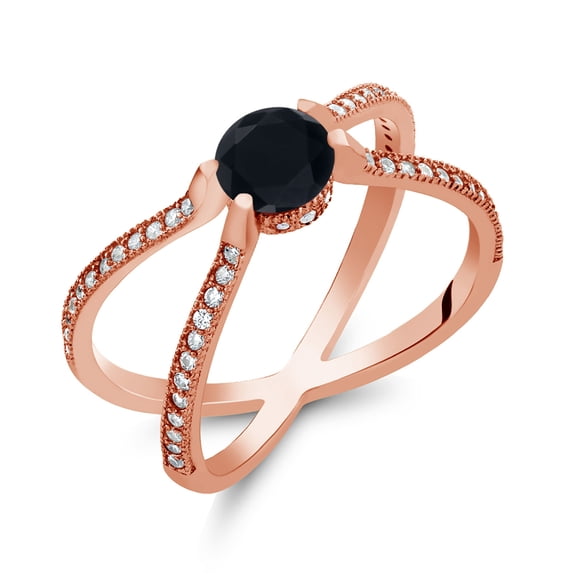 Gem Stone King 1.38 Ct Round Black Onyx 18K Rose Gold Plated Silver Ring (Size 9)