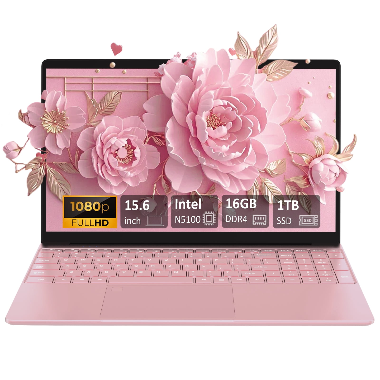 Auusda 15.6" Laptop Computer, 16GB RAM 1TB SSD, N5100 CPU, Windows 11 Pro Notebook, Backlit Keyboard, Fingerprint Unlock, Pink