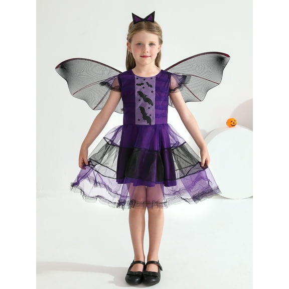 3-13Y Girls Halloween Carnival Party Witch Bat Cosplay Dress Toddler Teens Halloween Costume Dress Up Outfits