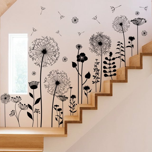 Nuevas pegatinas de pared autoadhesivas de diente de león negro para sala de estar, escaleras, porche, fondo, decoración de pared, pegatinas JAMW Sencillez