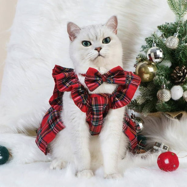 Ropa navideña para perros, vestido navideño, lindo conjunto de ropa para cachorros, ropa para mascotas pequeñas con falda de lazo, adecuada para decoración de fiestas navideñas, ropa de poliéster para