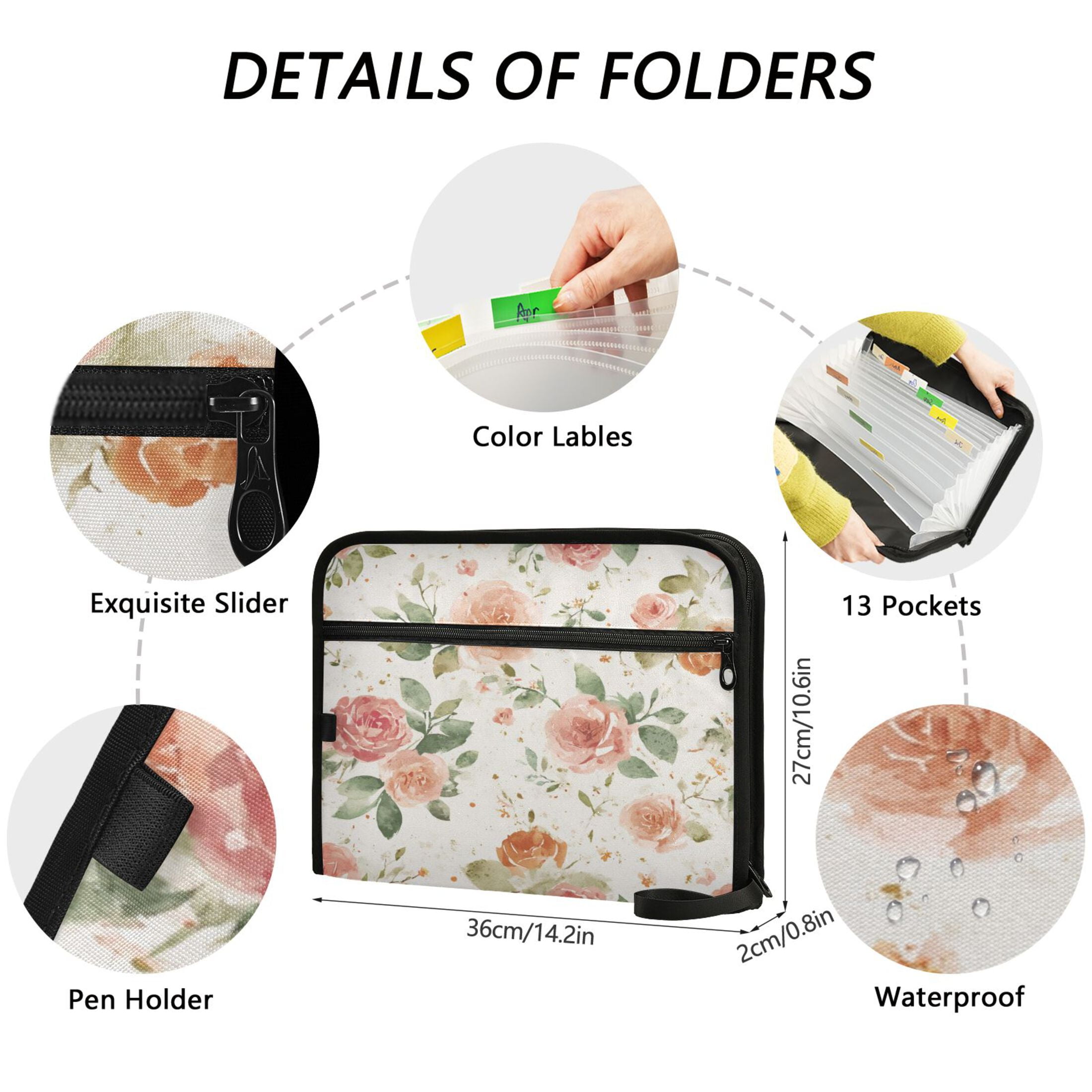Accordion File Organizer with Zip Closure 13 Pockets Expanding File Folder Letter A4 Paper Document Organizer for Home Office Watercolor Rose Floral Pattern