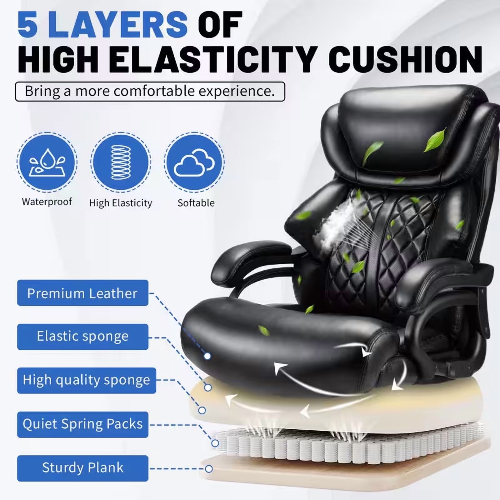 Qusaphy 800LBS Big and Tall Executive Office Chair, PU Leather Ergonomic Desk Chair with Adjustable Backrest and Thick Padded Cushion, Heavy Duty Chair for Home or Office Black