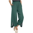 thumbnail image 2 of Dazajoo Linen Pants Women Summer Boho Floral Embroidered Pants Wide Leg Palazzo Crop Ankle Pants Comfy Lounge Trousers,Green,XXL, 2 of 7