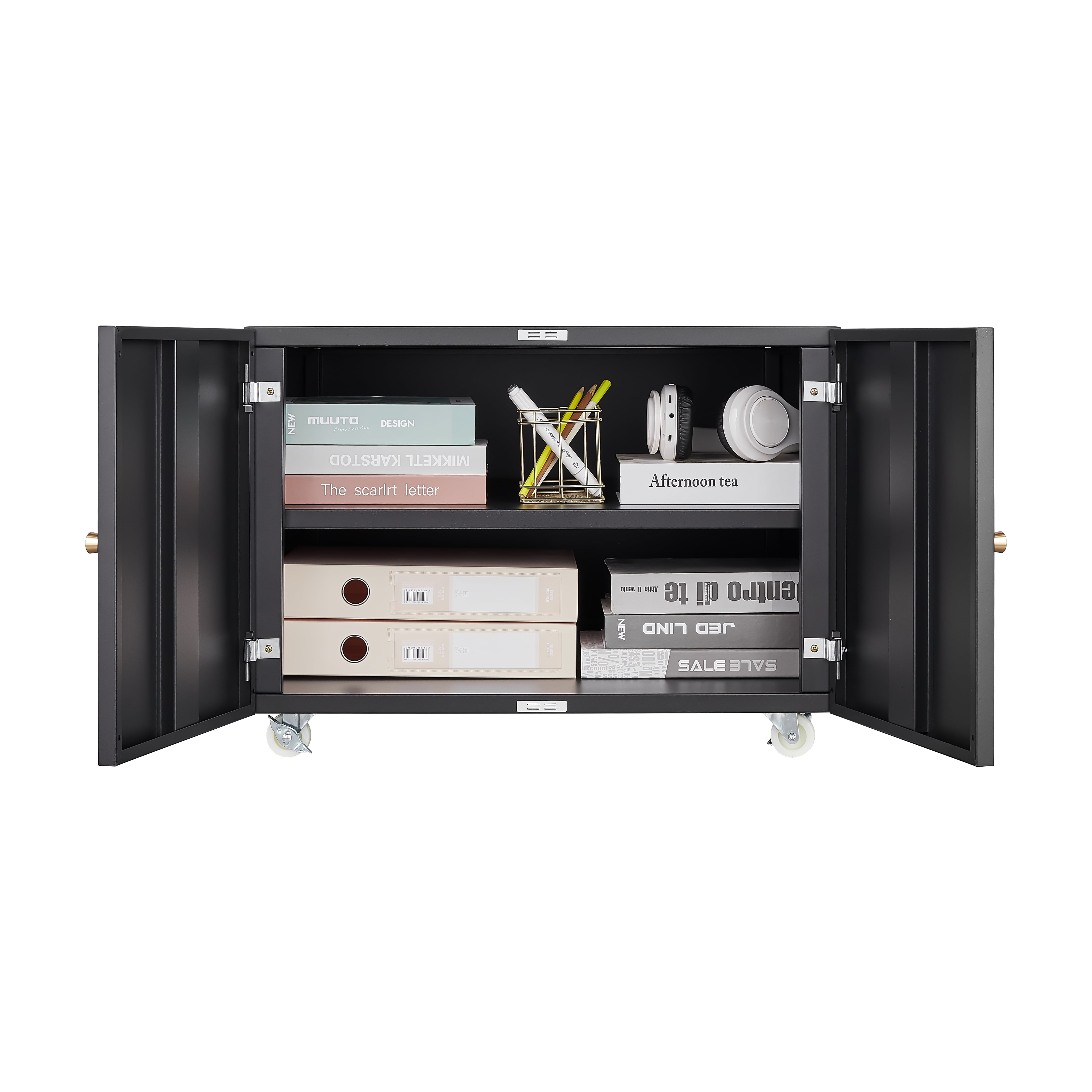 Double-Door Printer Cabinet with 360° Lockable Casters, Adjustable Shelves, Waterproof Storage Cabinet for Office, Home, Garage