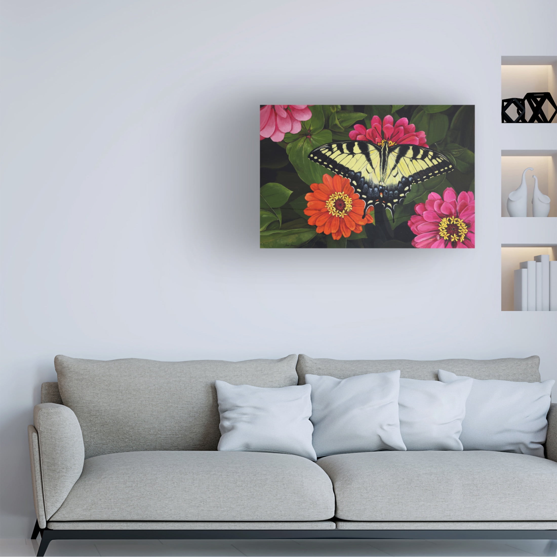 Canvas Wall Art - Jim Brune 'Tiger Swallowtail on Zinnias' Wall Art for Living Room, Bedroom, or Office Décor by Trademark Fine Art - 19 x 12 Inches