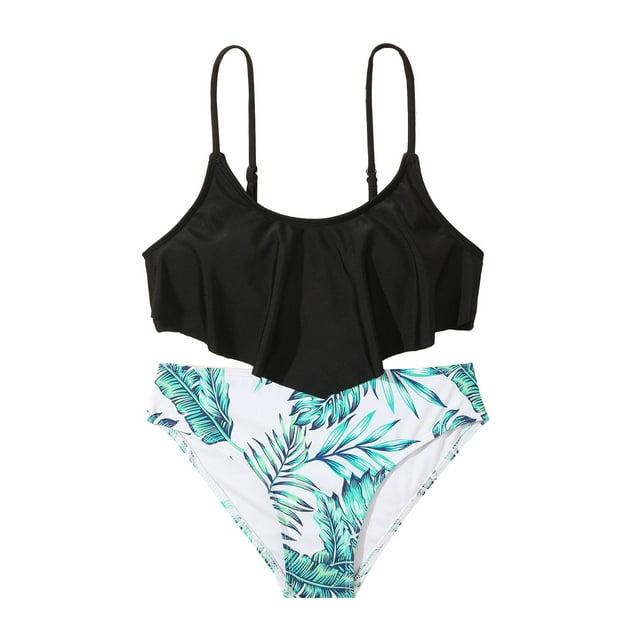 MIASHUI Maillot de Bain Deux Pièces pour Fille, Ensemble Bikini à Volants à Imprimé Graphique, Noir, 7-8 Ans
