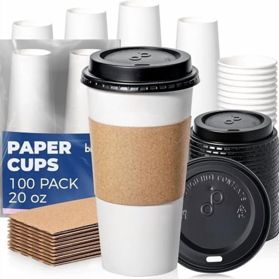 Fit Meal Prep 100 Pack 20 oz Disposable Coffee Cups with Lids, Sleeves, Leak-Proof To Go Coffee Cups with Lids, Durable Paper Cups for Hot Beverage, Home, Office, Party